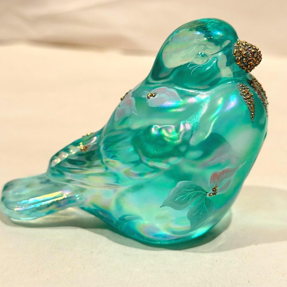 Fenton QVC Aqua Teal Iridescent Glass Bird Figurine Sharon Fisher UV Reactive